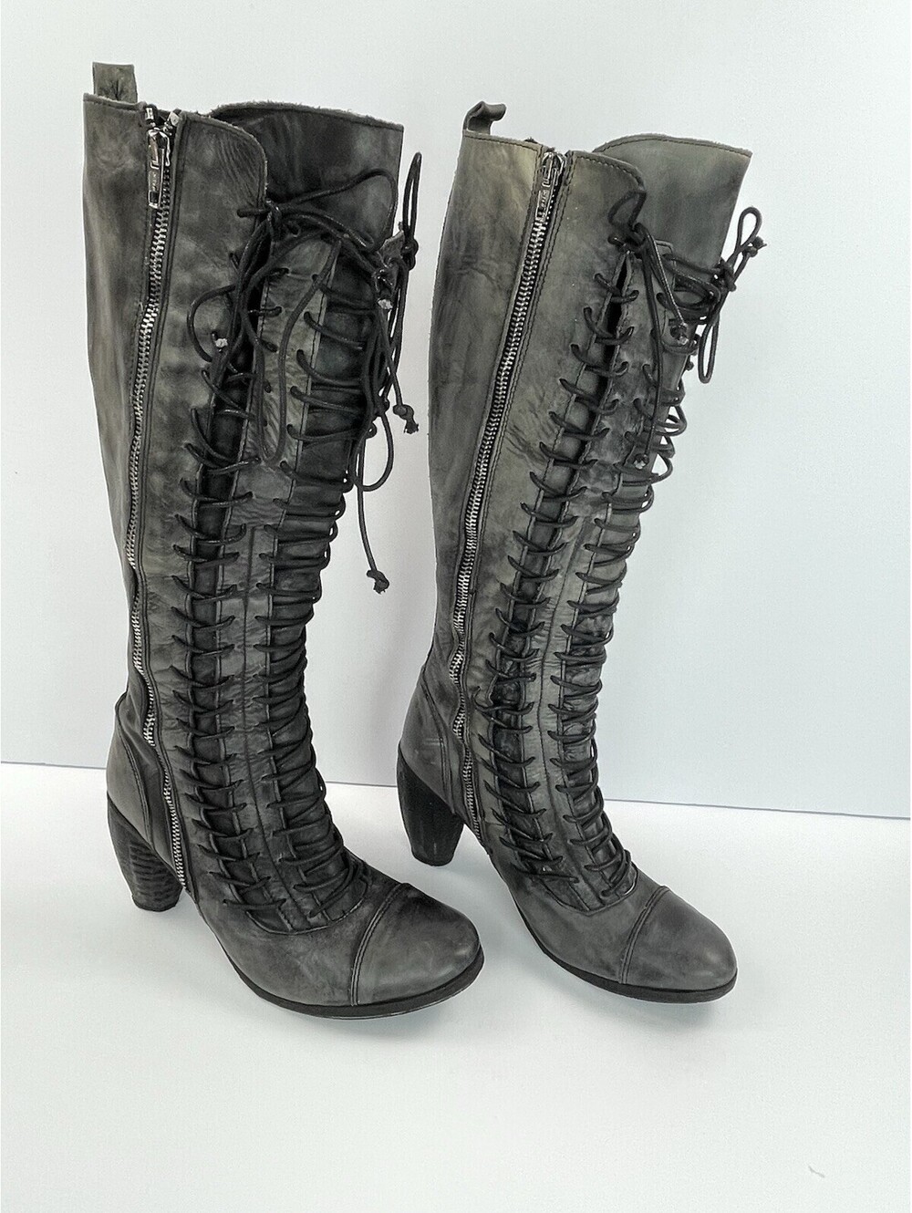 AllSaints Mirada Leather Lace Up Victorian Knee High Boots 39 Gray Grunge Goth